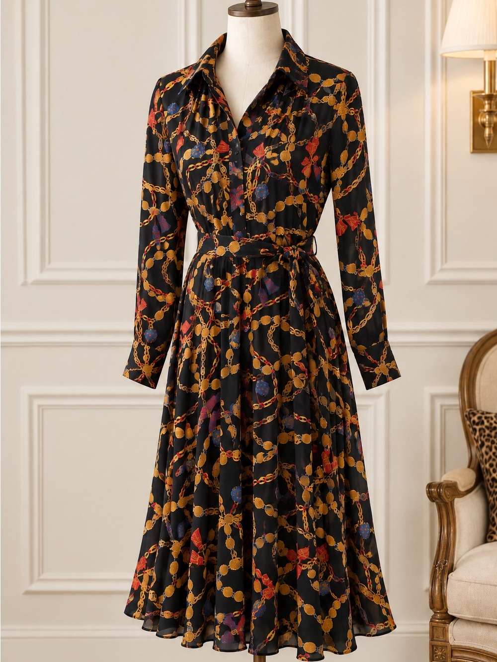 Nanette Lepore Black Midi Shirt Dress with Gold Chain & Multicolor Accents SZ 6